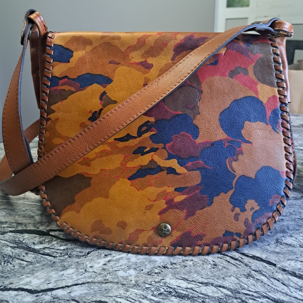 Patricia Nash Leather Messenger Bag, EUC, Camo